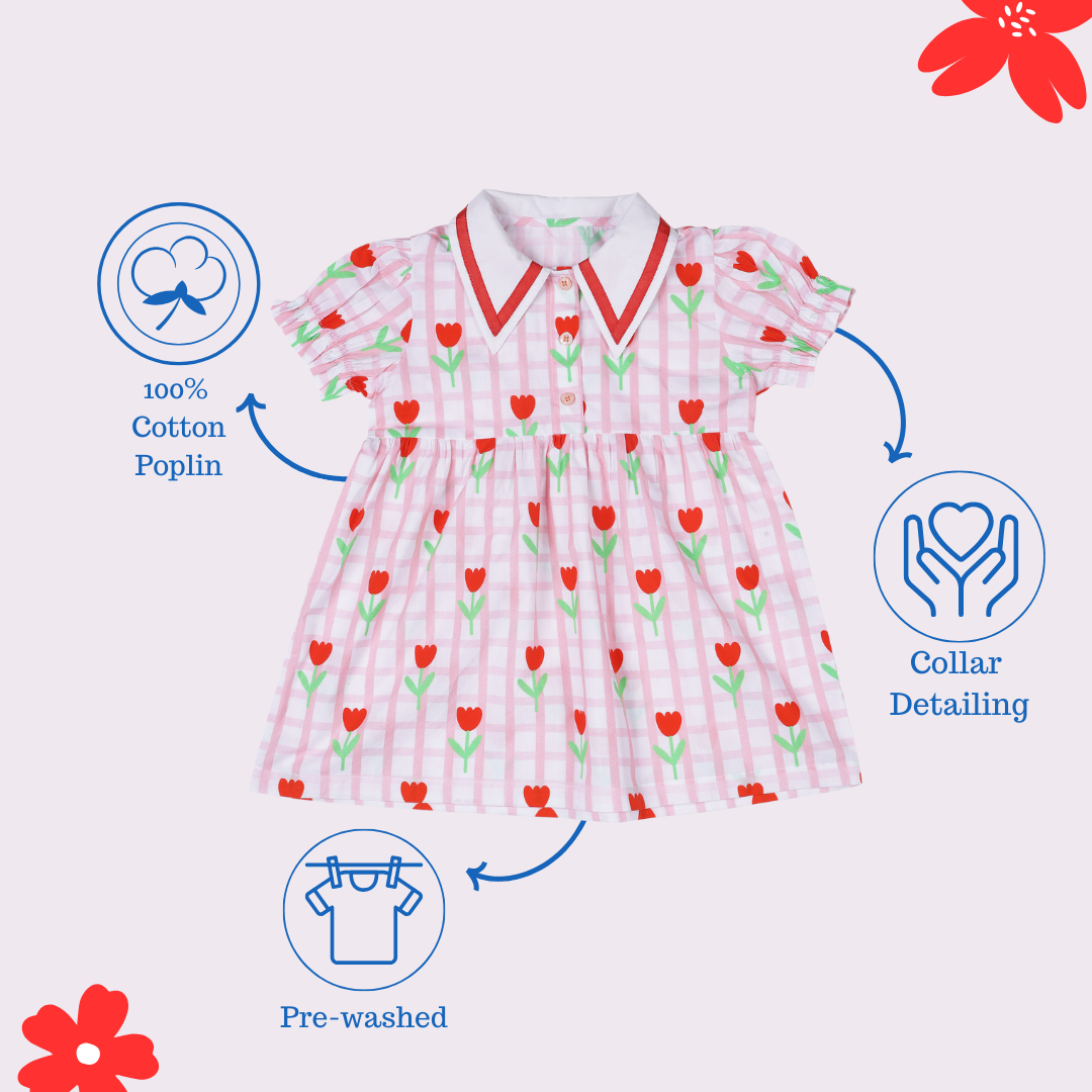 Girls Floral French Collared Pink Dress