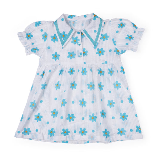 Girls Floral French Collared Seersucker Blue Dress