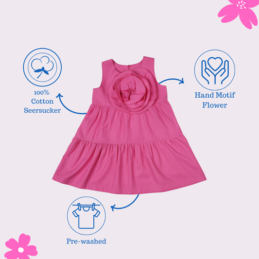 Girls Pink Flower Motif Cotton Dress